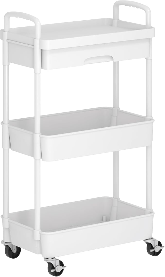 Dttwacoyh 3-Tier Rolling Cart，Trolley with Drawer, Multifunctional Storage Organizer with Plastic Shelf & Metal Wheels, Kitchen Storage Cart for Living Room, Kitchen, Office, Bathroom, White