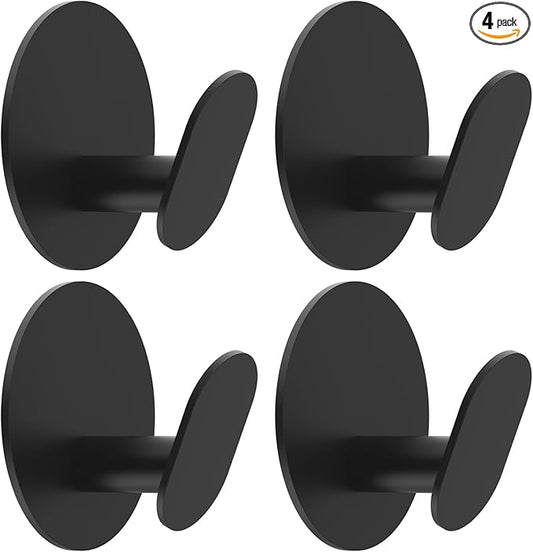 Adhesive Hooks, 4 Pack Towel Hooks Wall Hooks for Bathroom, Kitchen - Bath Robes Coat Hook for Hanging(Matte Black, Stainless Steel)