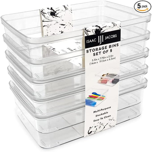 Isaac Jacobs 5-Pack Small Clear Storage Bins (5.5” L x 7.75” W x 2.5” H), Plastic Organizer for Home, Office, Kitchen, Fridge/Freezer, Desk, Bathroom, Drawers, BPA Free, Food Safe (5-Pack, Small)