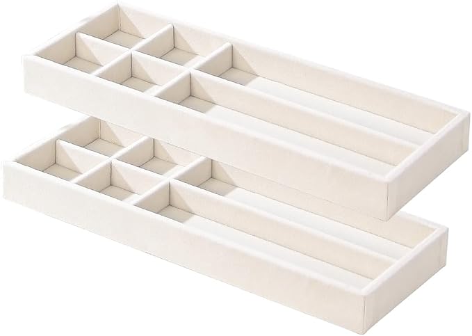 2Pcs Desk Drawer Storage Tray, Nightstand Organizer, Necklace Bracelet Ring Earring Jewelry Display, Grid Table Organizer Holder for Sunglass, Phone, Watch, Perfume (6 grid)/Beige-NeatNest