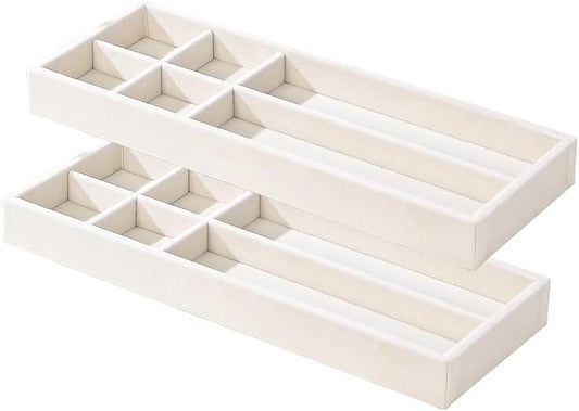 2Pcs Desk Drawer Storage Tray, Nightstand Organizer, Necklace Bracelet Ring Earring Jewelry Display, Grid Table Organizer Holder for Sunglass, Phone, Watch, Perfume (6 grid)/Beige-NeatNest
