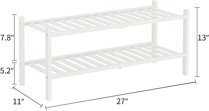 Shoe Rack, 2 Tier Bamboo Shoe Rack for Closet, Stackable Wooden Shoe Organizer, Free Standing Wood Shoe Shelf for Entryway Small Space, 27" x 11" x 13", White