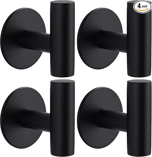 Adhesive Towel Hooks, Heavy Duty Wall Hooks Stainless Steel Waterproof Shower Towel Hooks, Coat Hook for Hanging Clothes, Adhesive Hooks for Bathroom, Glass Window- 4 Pack, Black