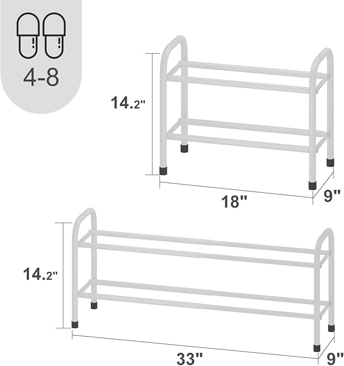 Expandable Shoe Rack, Adjustable Shoes Organizer Metal, Space-Saving Storage Shelf for Closet, Entryway, Front Door & Hallway,Sturdy and Easy Assembly (White, 2-Tier)