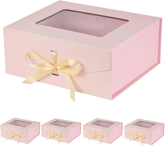 5 Pcs Pink Gift Box for Presents with Ribbon 13.2x11x5.3 Inches Clear Gift Box with Window Magnetic Closure Gift Boxes with Lids-NeatNest