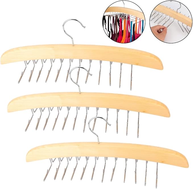 3 Pack Tank Top & Bra Hanger, Tie & Belt Hanger with Natural Wood, 24 Space Saving, 360 Rotating, Foldable Metal Hooks, Closet Organizer and Storage Rack for Tank Tops/Bras/Ties/Belts-NeatNest