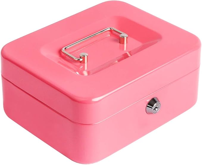 Decaller Cash Box with Money Tray, Metal Locking Money Box with Key Lock for Security, 7 4/5" x 6 4/5" x 3 3/5", Pink-NeatNest