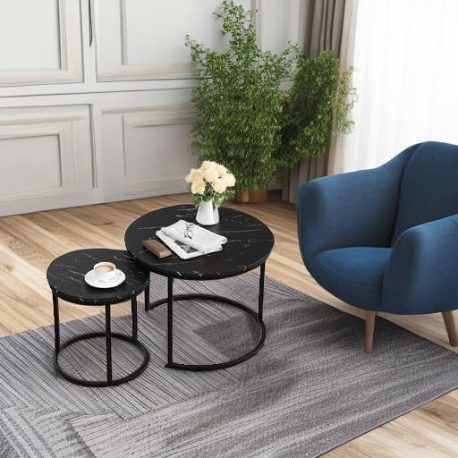 Smuxee Black Nesting Coffee Table Set of 2, 23.6" Round Coffee Table Wood Grain Top with Adjustable Non-Slip Feet, Industrial End Table Side Tables for Living Room Bedroom Balcony Yard