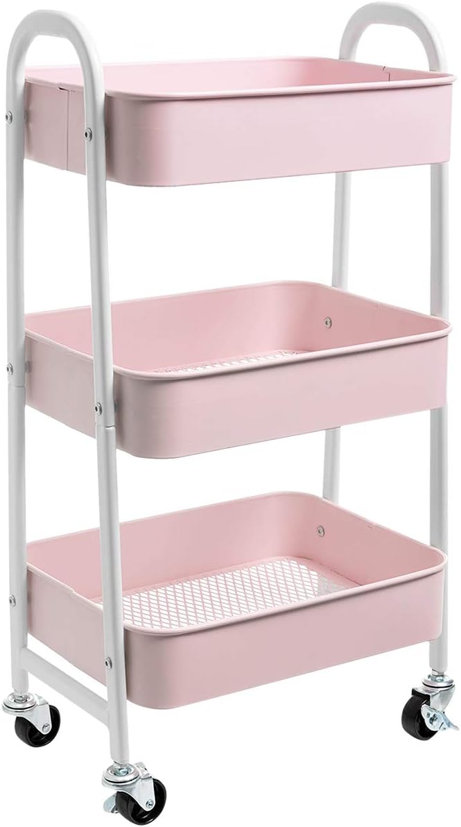 AGTEK Makeup Cart, Movable Rolling Organizer Cart, 3 Tier Metal Utility Cart, White - Pink-NeatNest