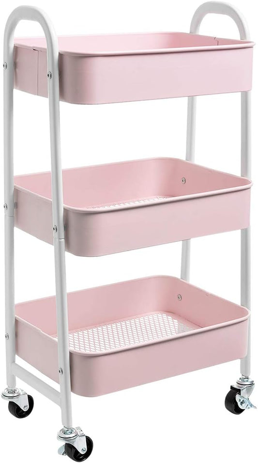 AGTEK Makeup Cart, Movable Rolling Organizer Cart, 3 Tier Metal Utility Cart, White - Pink-NeatNest