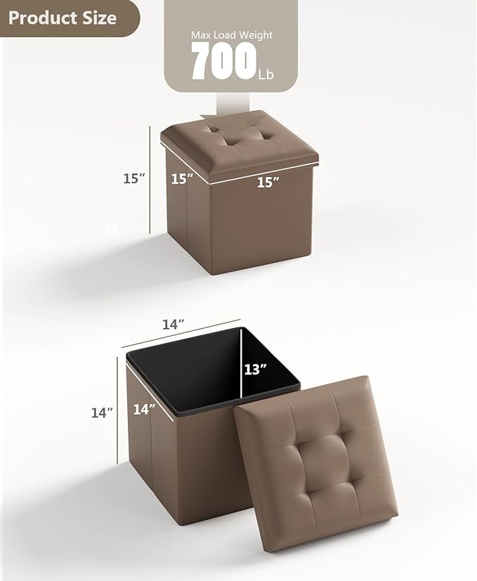 Folding Storage Ottoman Bench, Multi-Functional Ottoman Footrest, End of Bed Bench, Storage Chest for Living Room, Bedroom, Hallway, Entryway, Holds Up to 700 lbs (Brown, 15 Inches)