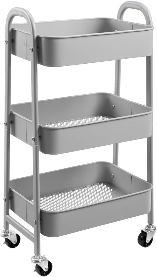 AGTEK Makeup Cart, Movable Rolling Organizer Cart, 3 Tier Metal Utility Cart, Grey-NeatNest