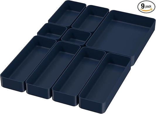 9 Pcs Stackable Drawer Organizer Trays Set, Multifunctional Stackable Storage Trays for Vanity, Bathroom, Kitchen, Desk Drawer Organizer Office. Plastic Drawer Organizers Available In 5 Colours, Blue-NeatNest