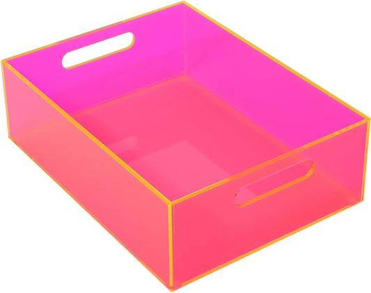 Acrylic Storage Bin Pantry Storage Container with Handles Kitchen Organizer Bin for Cabinet Cupboard Organization, Heavy Duty, 12.6 x 9.4 x 4'', Neon Pink