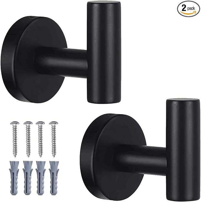 2 Pack Bathroom Towel Hooks Wall Mount Hooks Matte Black Towel Racks Coat Hooks, Heavy Duty Robe Hook Holder for Kitchen Garage Home Hotel Office Cabinet