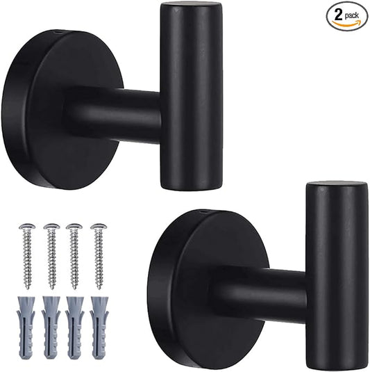 2 Pack Bathroom Towel Hooks Wall Mount Hooks Matte Black Towel Racks Coat Hooks, Heavy Duty Robe Hook Holder for Kitchen Garage Home Hotel Office Cabinet