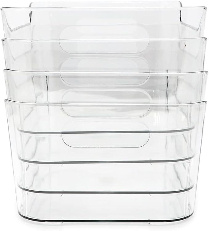 Isaac Jacobs 4-Pack Small Clear Storage Bins (9.4” x 6.7” x 4.1”) w/Handles, Plastic Box Set, Home, Office, Fridge, Freezer, Kitchen, Pantry Organization Container, BPA-Free/Food Safe (Small, 4-Pack)