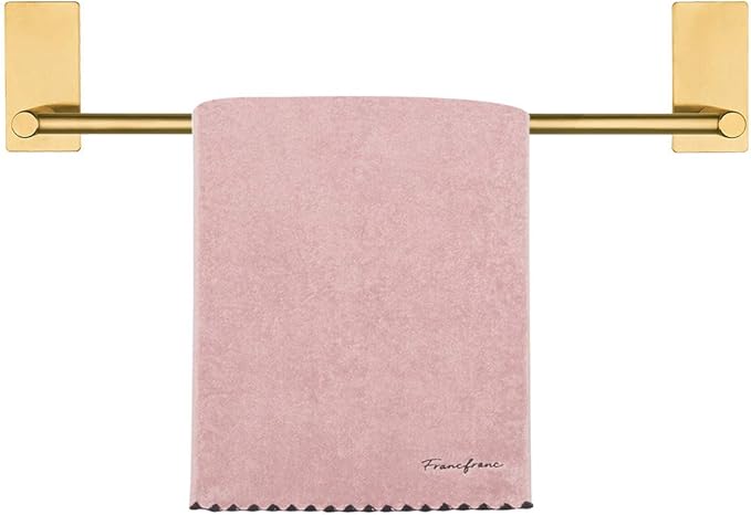 NearMoon Self Adhesive Bathroom Towel Bar- Stainless Steel Bath Wall Shelf Rack Hanging Towel Stick On Sticky Hanger Contemporary Style, NO Drilling (1 Pack, Brushed Gold, 16-Inch Towel Rack)