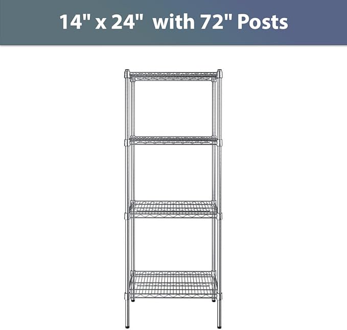 14" x 24" NSF Chrome 4-Shelf Kit with 72" Posts, Commercial Storage Rack Unit, Heavy Duty Storage Shelving, Wire Shelving Kit, Adjustable Rack Strong Steel, Multipurpose Wire Shelf