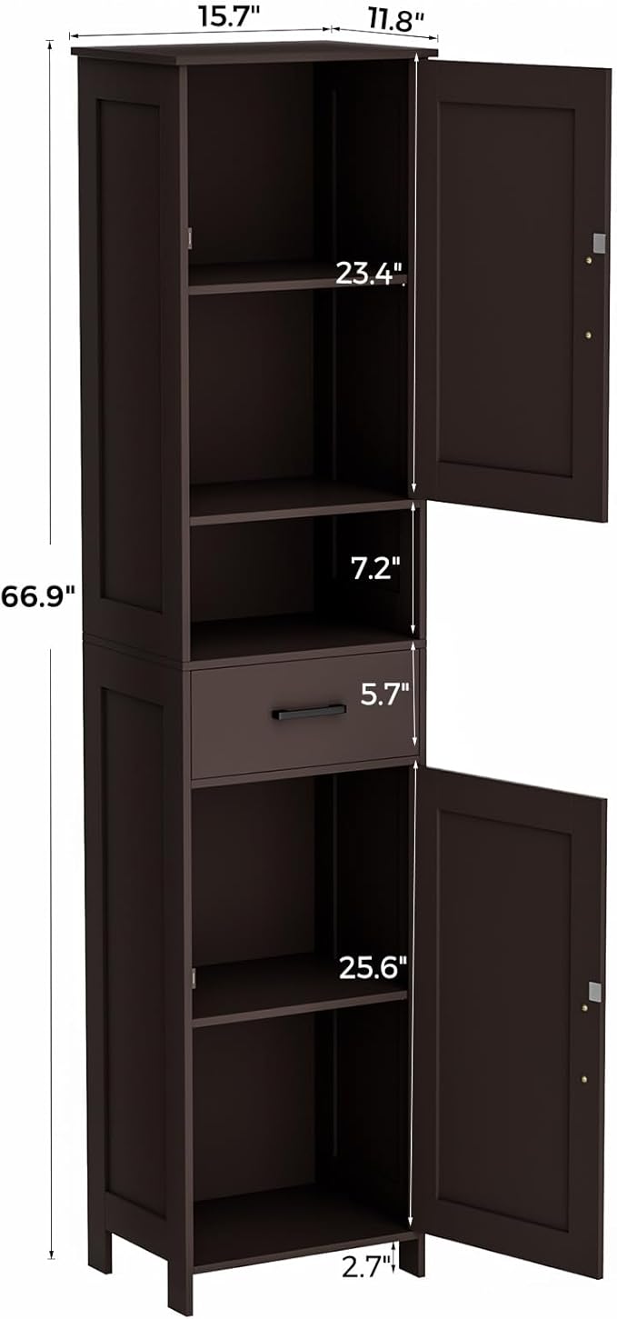 Homhedy 67" H Tall Bathroom Storage Cabinet with 2 Barn Doors and 1 Drawer, Narrow Storage Unit, Adjustable Shelves, Floor Cabinet for Bathroom, Living Room, Entryway, Kitchen, Brown, (15.7" W)