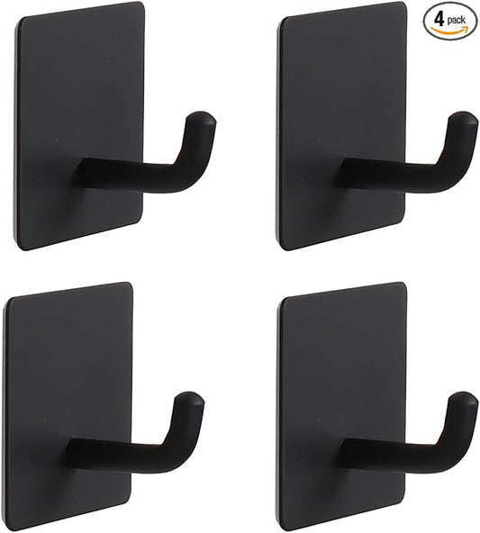 Bath Towel Hooks, 4 Pack Strong Self Adhesive Coat/Clothes Hooks, No Drilling Sticky Hooks, Heavy Duty 304 Stainless Steel Shower Wall Hook for Bathroom Kitchen Bedroom(Matte Black)