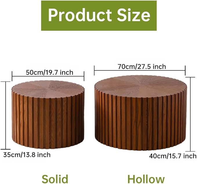 Round Nesting Coffee Table Modern Walnut Fluted Coffee Table Set of 2 Stripe Round Coffee Table Circle Drum Coffee Tables for Living Room (Walnut Large)