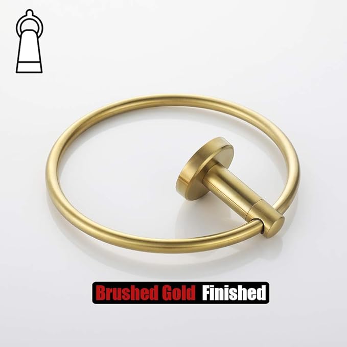 JQK Towel Ring Brass Gold, 304 Stainless Steel Hand Towel Holder for Bathroom, Brushed Gold Wall Mount, TR130-BG