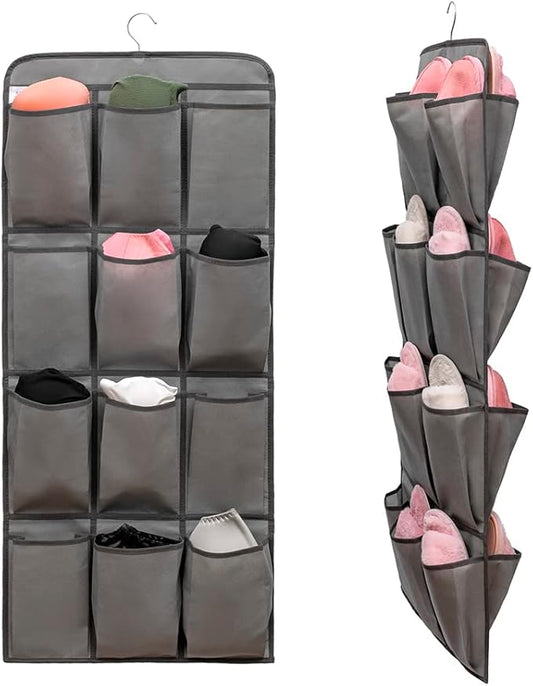 Dual Sided Hanging Shoe Organizer for Closet with 24 Large Pockets Hanging Shoe Rack Holder with Rotating Hanger (GREY)-NeatNest