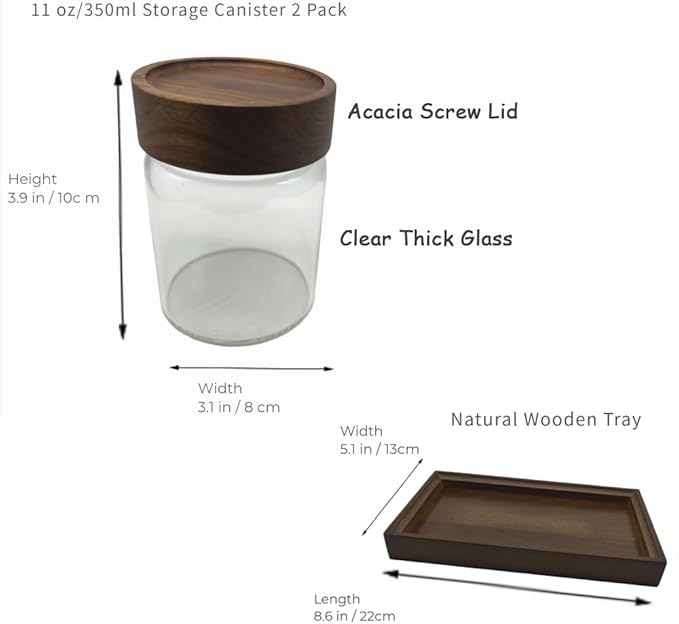Clear Glass Storage Canister with Airtight Wooden Screw Lid 11oz/350g 2 PACK with Tray,Decorative Container Jar for Coffee,Spice,Candy,Salt,Cookie,Condiment,Pepper,Sugar,Overnight Oatmeal-NeatNest