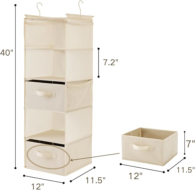 MAX Houser 5 Tier Shelf Hanging Closet Organizer, Cloth Hanging Shelf with 2 Sturdy Hooks for Storage, Foldable (Beige-D2)-NeatNest