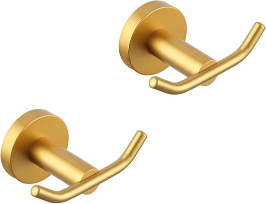 GERZWY Bathroom Double Coat Hook Gold Stainless Steel Towel/Robe Clothes Hook for Bath Kitchen Wall Mounted 2 Pack AG61908-2BE