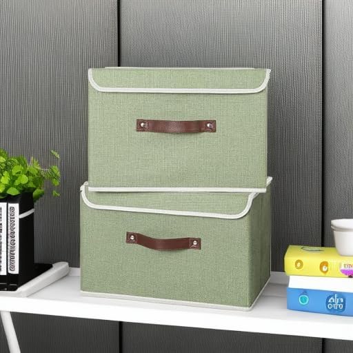ANMINY 2PCS Storage Bins with Lid PU Leather Handles Storage Boxes PP Plastic Board Decorative Foldable Lidded Cotton Linen Fabric Home Cubes Baskets Closet Organizer Containers - Green, Large Size-NeatNest