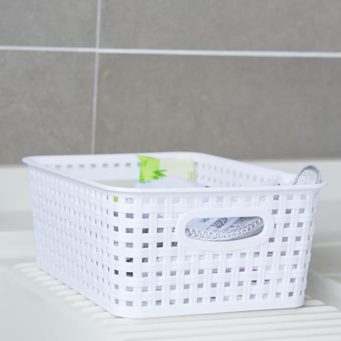 White Plastic Woven Storage Baskets, 12-Pack Weave Basket Organizer for Kitchen Office Bathroom