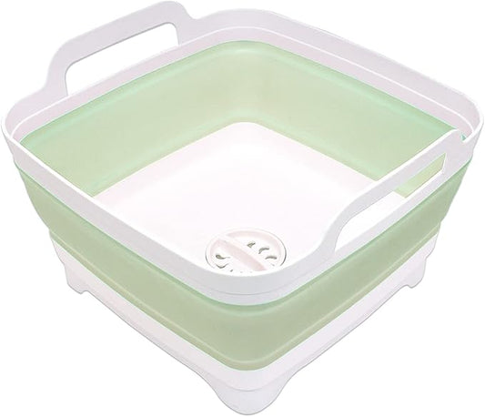 2.4 Gal(9L) Collapsible Dish Basin with Drain Plug, Space Saving Outdoor Multiuse Foldable Sink Tub, Dishpan, Kitchen Storage Tray for Camping, Vegetable Washing, RV (Green)-NeatNest