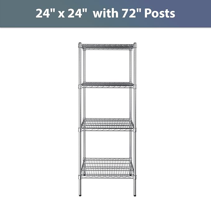 24" x 24" NSF Chrome 4-Shelf Kit with 72" Posts, Commercial Storage Rack Unit, Heavy Duty Storage Shelving, Wire Shelving Kit, Adjustable Rack Strong Steel, Multipurpose Wire Shelf