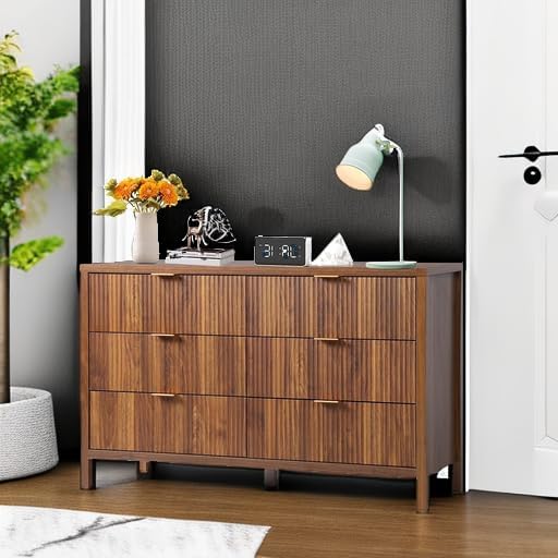 6 Drawer Dresser Cabinet, Long Nightstand with Drawers and Storage Cabinet, Farmhouse Solid Wood Dresser TV Stand, Mid Century Modern Nightstand with 6 Drawer Side Table for Bedroom Closet (Walnut)