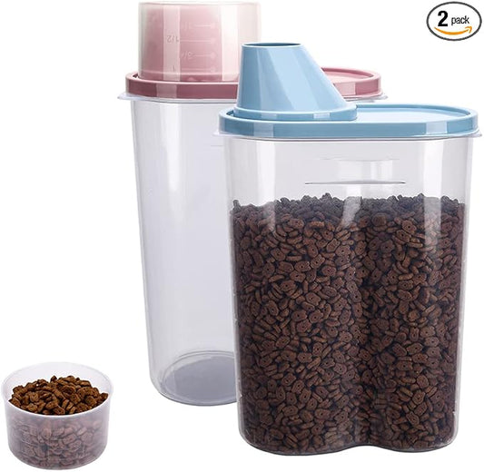 GreenJoy 2 Pack 2lb/2.5L Pet Food Storage Container with Measuring Cup, Can Covers and Bowl for Small Dog, Cat, Waterproof-BPA Free (Blue and Pink)-NeatNest