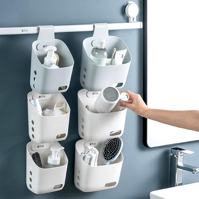 Plastic Hanging Basket Kitchen Storage organizer, Basket with Detachable hook, Hang it behind a door or on a railing, Over the Cabinet Door (Grey, Small-2 Pack)