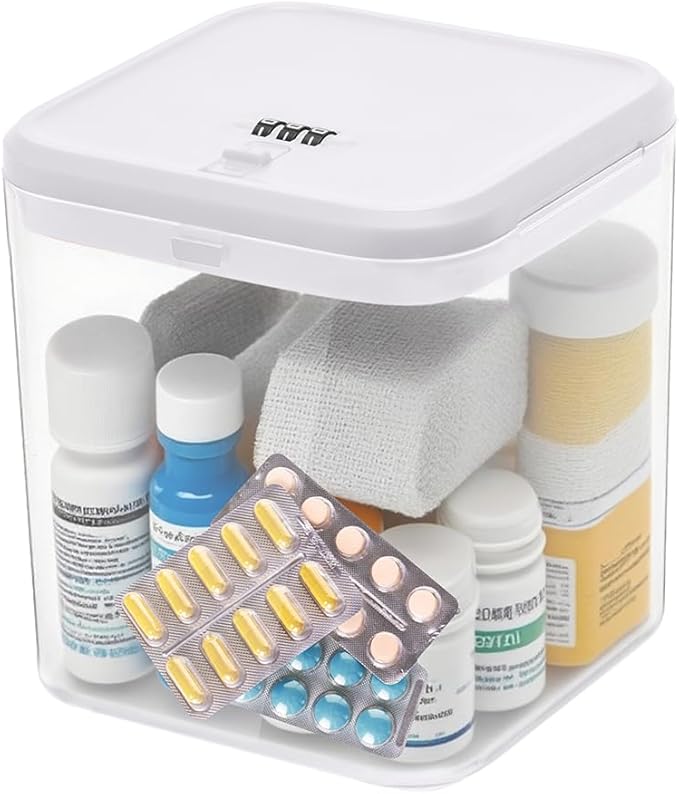 Clear Lockable Storage Box for Medicine Safe,Food Jar,Snacks,Phone - Secure Lock Box Refrigeator Container Bin Store Tank with Combination for Kitchen,Home,Office,Hospital (5.6×5.6×6.3 In) (White)-NeatNest