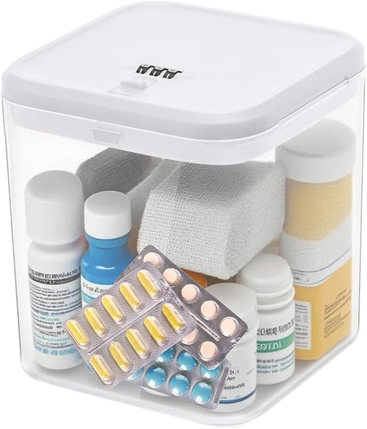 Clear Lockable Storage Box for Medicine Safe,Food Jar,Snacks,Phone - Secure Lock Box Refrigeator Container Bin Store Tank with Combination for Kitchen,Home,Office,Hospital (5.6×5.6×6.3 In) (White)-NeatNest