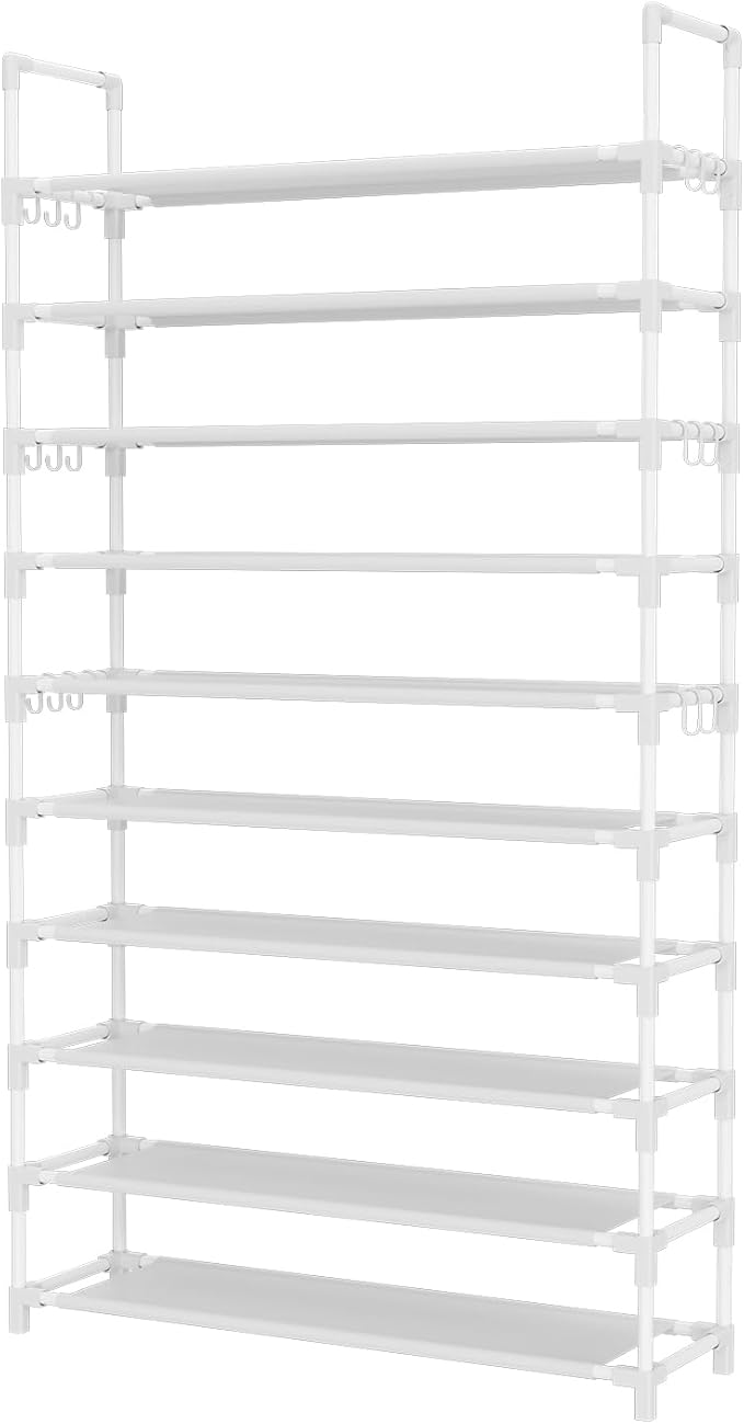 Tall Shoe Rack 10 Tier Shoe Organizer Large Shoe Shelf with 18 Hooks Storage for 50 Pair Sneaker and Boot, Stackable Vertical Shoe Rack Organizer for Closet, Entryway, Bedroom, White-NeatNest