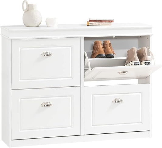 SoBuy White Shoe Cabinet with 4 Flip Drawers, Large Freestanding Shoe Rack, Modern Shoe Organizer for Entryway, Hallway, Entance FSR79-W-NeatNest