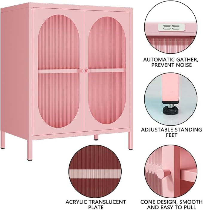 2 Doors Locker Metal Storage Cabinet, Buffet Cabinet with Glass Doors, Freestanding Metal Sideboard for Small Spaces, Living Room, Dining Room, Entryway (Buffet Cabinet, Pink)
