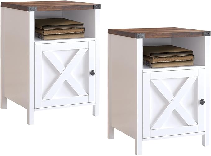 Catrimown Farmhouse End Table, Nightstand Set of 2, Rustic Night Stand with Barn Door and Storage Shelf, White End Table, Side Table for Bedroom Living Room, White-NeatNest