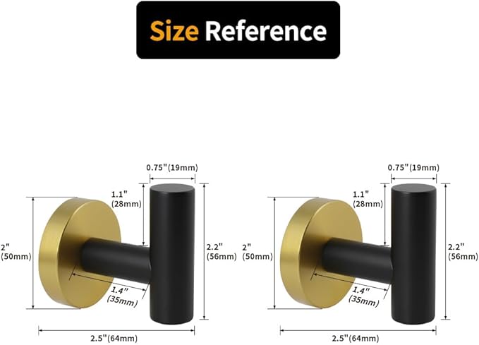 Stainless Steel Towel Coat Hooks Bathroom Clothes Garage Hotel Robe Hook Wall Mounted Bath Door Hanger 2 Pack Black & Gold