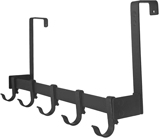 18" Over The Door Hook Rack with 5 Movable Hooks, Soft Iron Finish, for Bedroom, Bathroom, Walk-in Closet, Laundry Room and More - Black-NeatNest