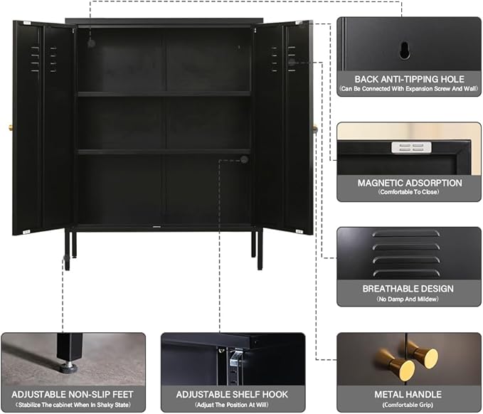 2 Doors Locker Metal Storage Cabinet, Accent Storage Cabinet with Shelves, Freestanding Metal Sideboard for Small Spaces, Living Room, Dining Room, Entryway, Black