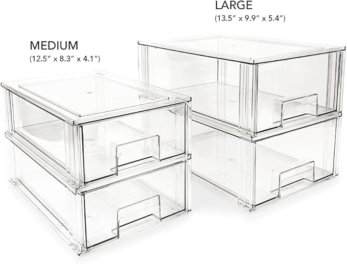 Isaac Jacobs Large Stackable Organizer Drawer (13.5” x 9.9” x 5.4”), Clear Plastic Storage Box, Pull-Out Bin, Home, Office, Closet & Shoe Organization, BPA-Free, Food/Fridge/Freezer Safe (Large)