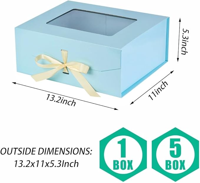 5 Pcs Blue Gift Box for Presents with Ribbon 13.2x11x5.3 Inches Clear Gift Box with Window Magnetic Closure Gift Boxes with Lids-NeatNest