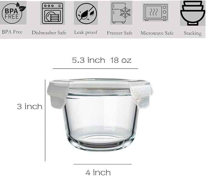 2 Cup Round Glass Soup Storage Containers with Lids, Round Glass Food Container with Airtight Lids, Borosilicate Food Storage Containers for Leftover, Oven, Dishwasher, Fridge Safe (4 Pack)